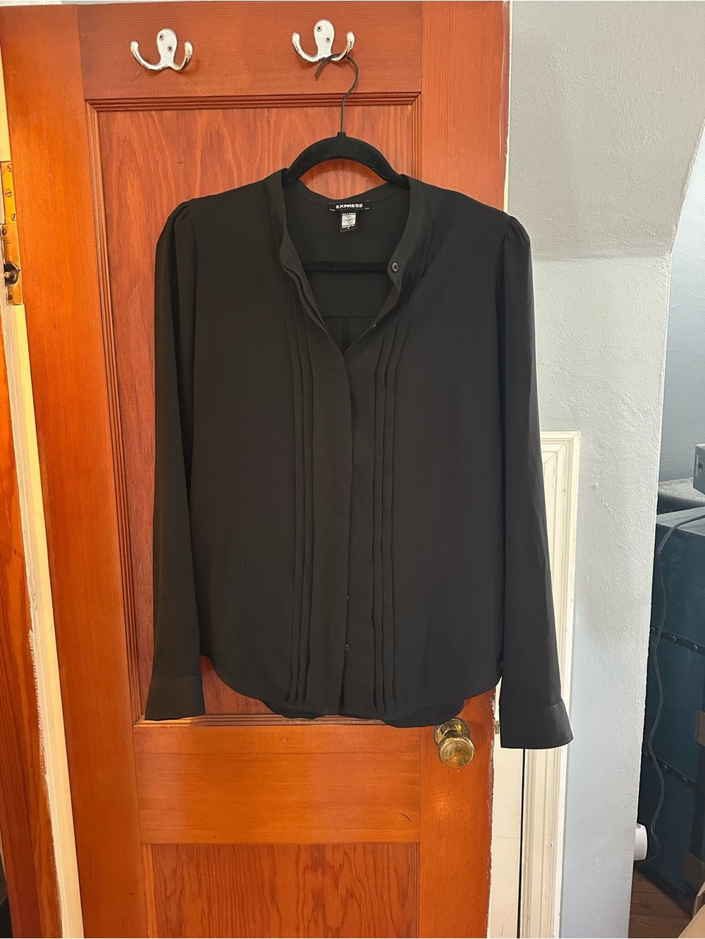 Express Black Pleated Front Button-Down Blouse